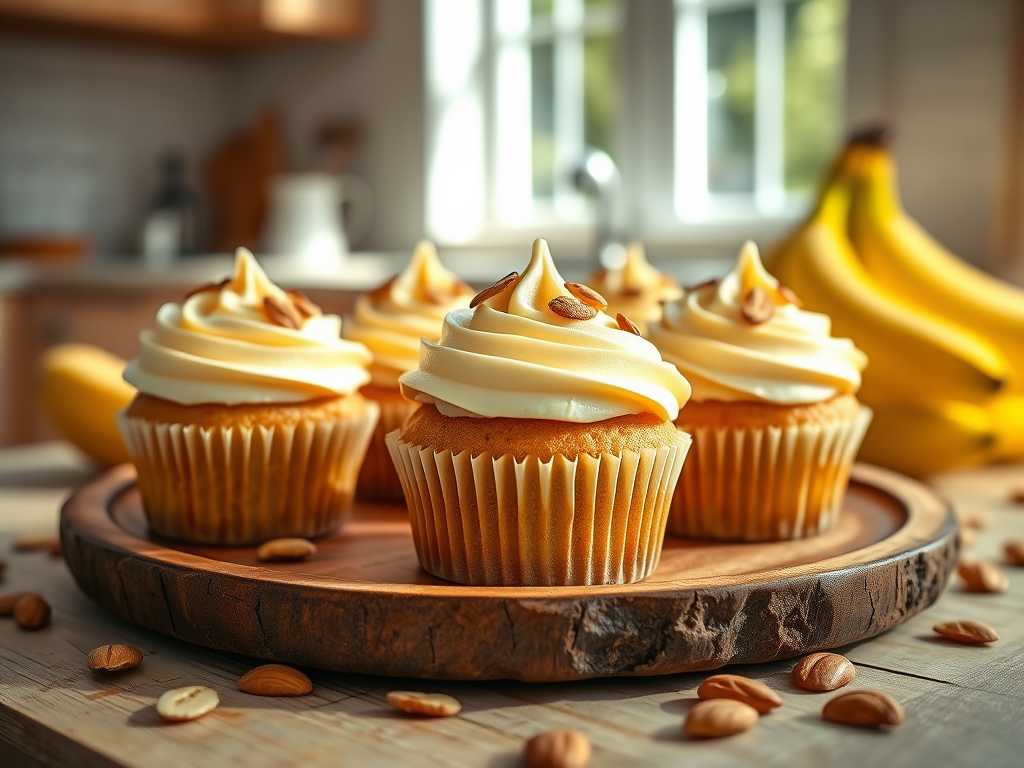 Banana cupcakes with butter cream frosting and sliced almonds
