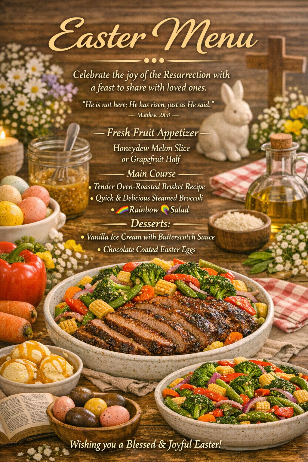 Easter menu featuring a fresh fruit appetizer, main course with oven-roasted brisket, steamed broccoli, and rainbow salad, along with desserts of vanilla ice cream with butterscotch sauce and chocolate-coated Easter eggs. Decorative floral elements and Easter-themed decorations are present.