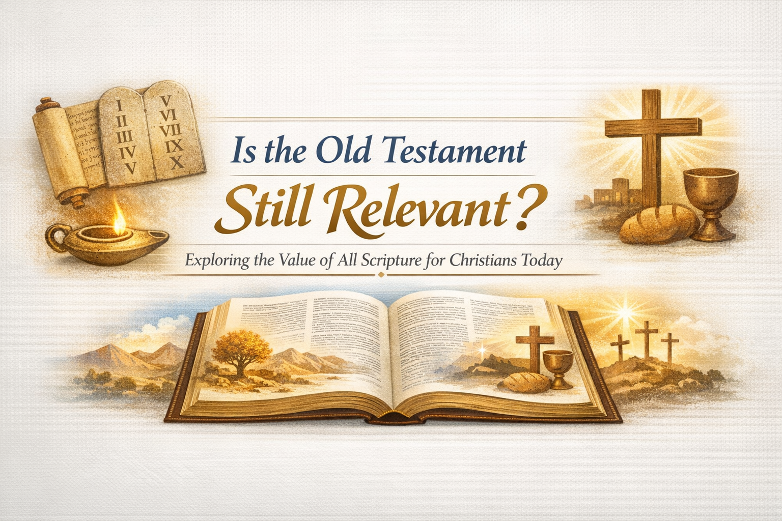 An open book displaying scripture, with a candle, a scroll, crosses, a communion cup, and bread, accompanied by the text questioning the relevance of the Old Testament for Christians today.