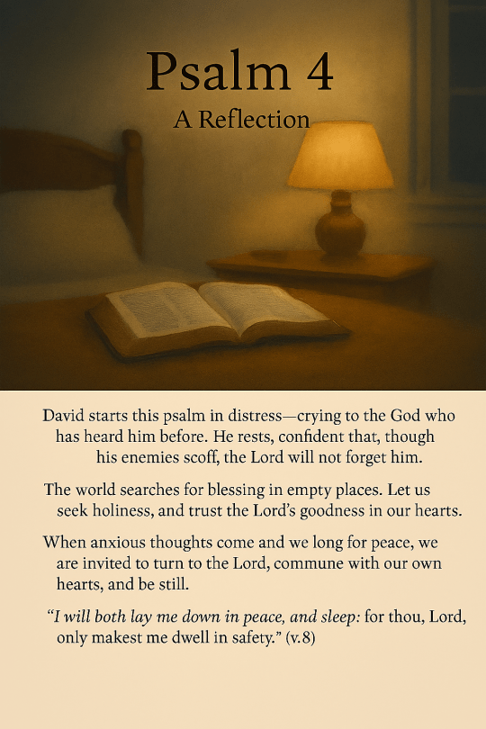 A reflective image featuring an open Bible on a table beside a softly glowing lamp, with a text overlay of Psalm 4 discussing themes of trust and peace.