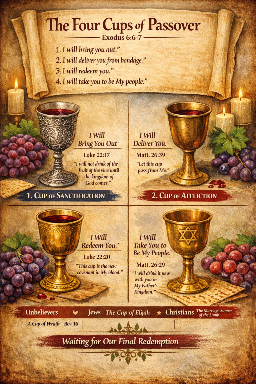Illustration depicting 'The Four Cups of Passover' with a parchment scroll listing biblical promises from Exodus 6:6-7.