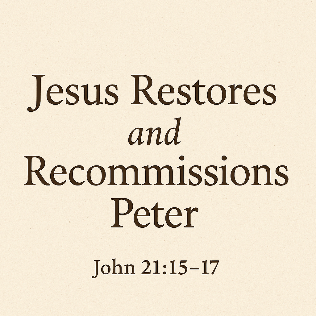 Text graphic displaying 'Jesus Restores and Recommissions Peter' with a reference to John 21:15-17.