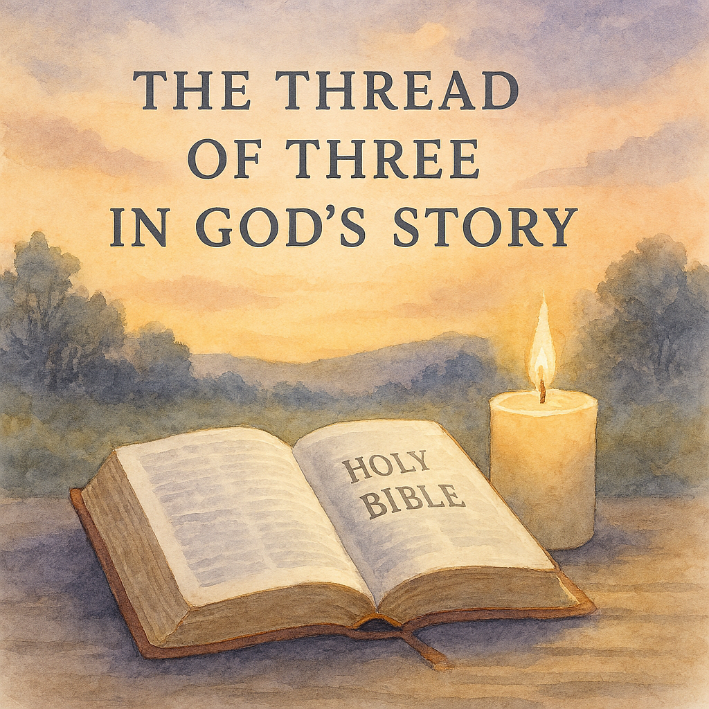 It has the words " The Thread of Three in God's story" written across the top. Below the words is a Bible setting beside a candle.