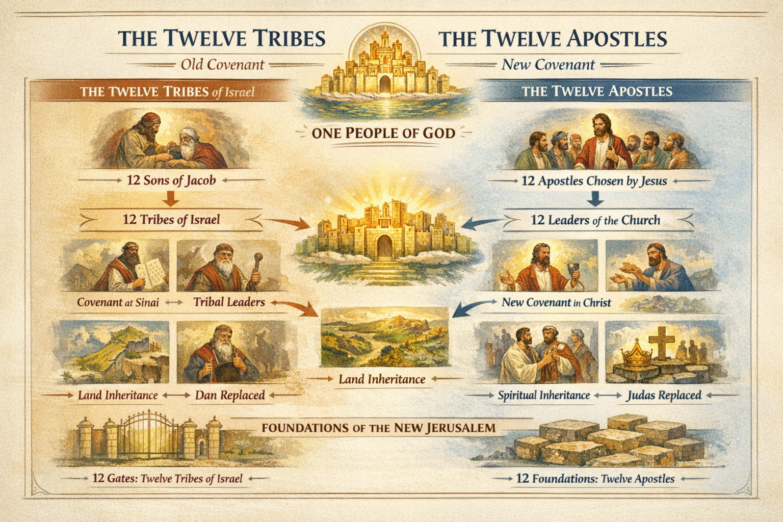 A diagram comparing the Twelve Tribes of Israel from the Old Covenant with the Twelve Apostles from the New Covenant, highlighting their connections and roles in biblical history.