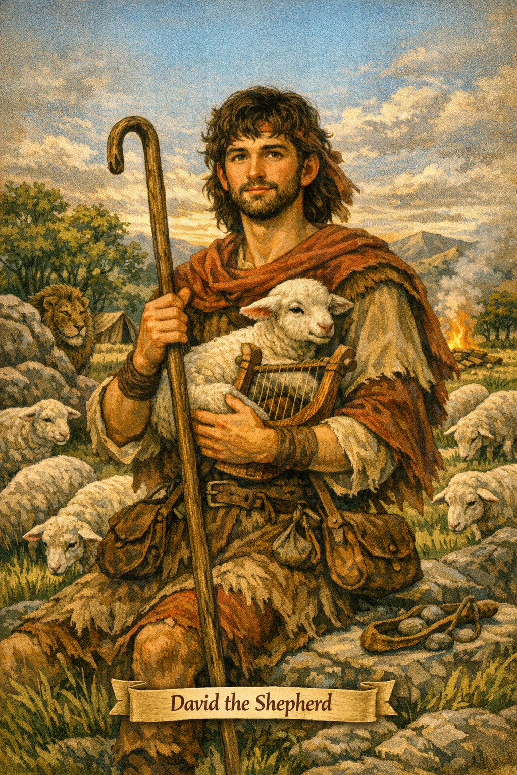 Illustration of David the Shepherd, a young man holding a harp and a lamb in a pastoral setting with sheep, a lion in the background, and mountains in the distance.
