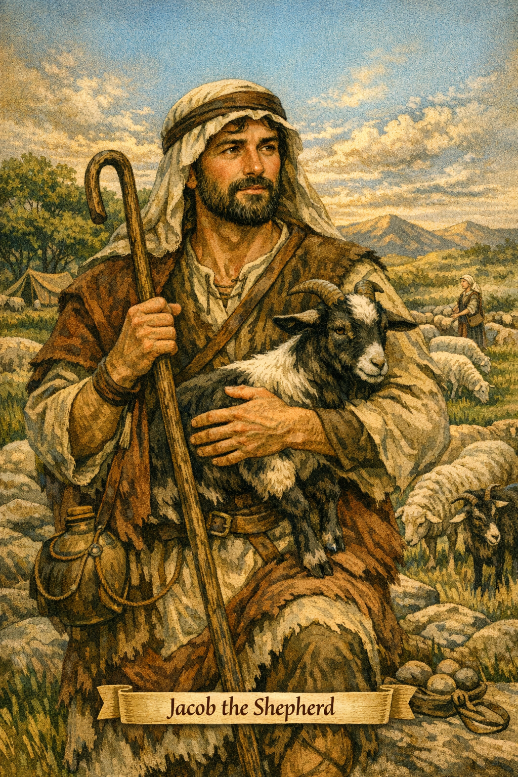 A bearded man in traditional shepherd attire holds a goat in his arms, standing in a pastoral landscape with sheep and mountains in the background. A label at the bottom reads 'Jacob the Shepherd'.