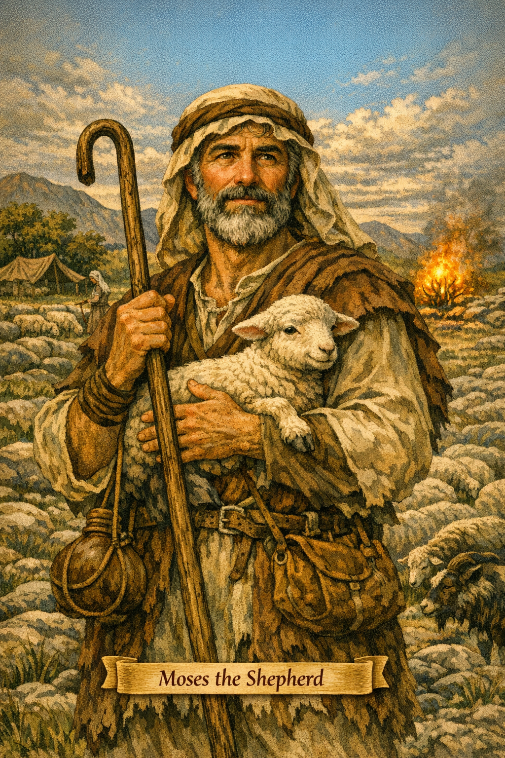 A depiction of Moses as a shepherd, holding a lamb and holding a staff, set against a pastoral landscape with sheep. The image features mountains and a camp in the background.