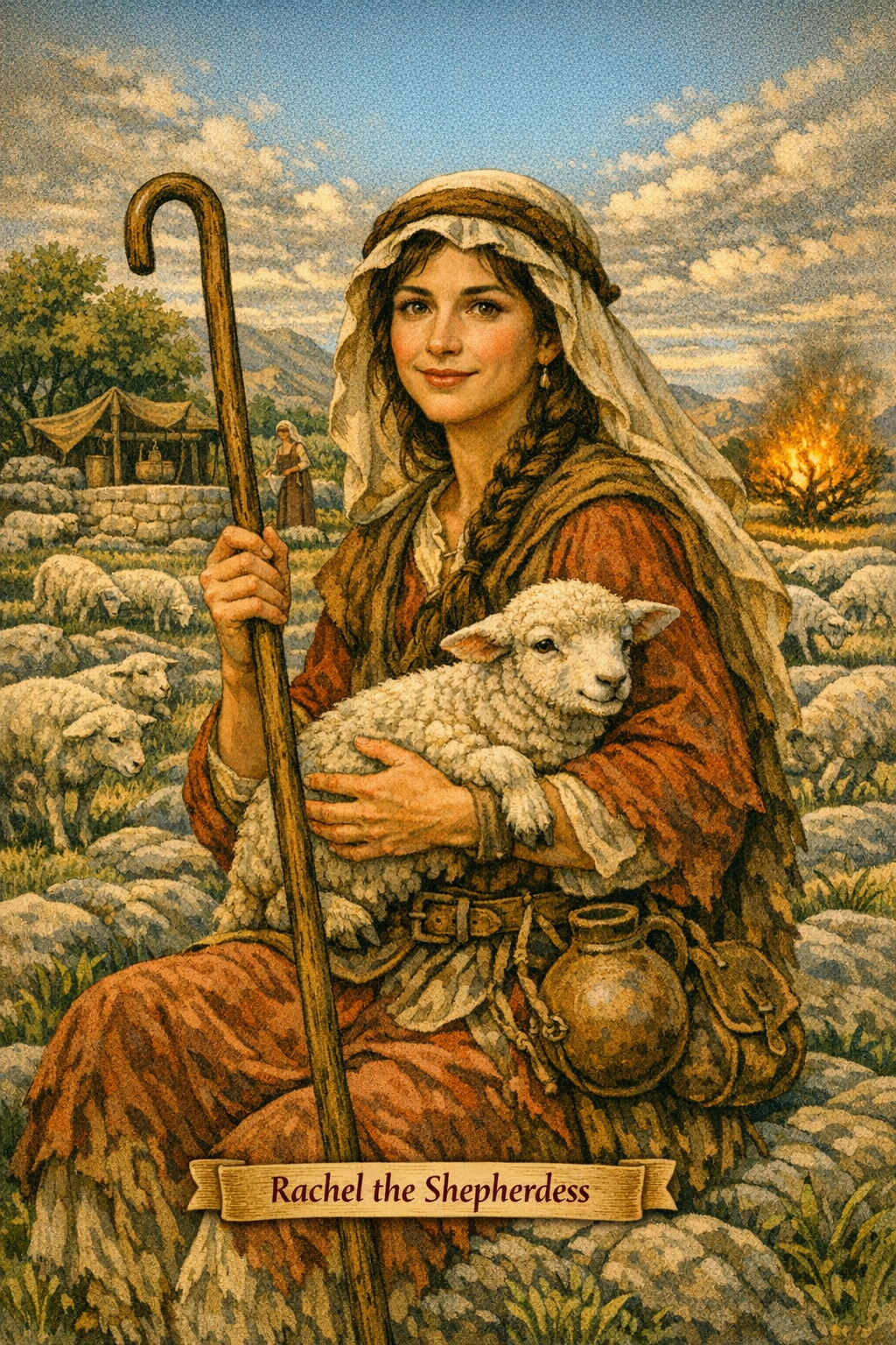 A young woman dressed as a shepherdess, holding a lamb in her arms, stands in a pastoral landscape with sheep grazing nearby. She wears a brown dress and has a staff beside her. In the background, there are tents, a fire, and mountains under a blue sky.