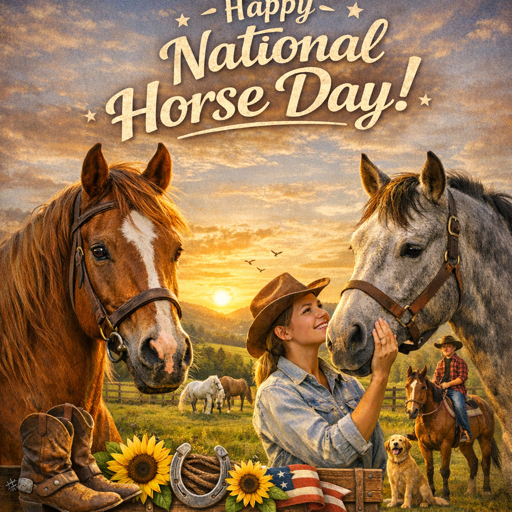A woman wearing a cowboy hat and smiling while petting a gray horse, with a brown horse and a child on horseback in the background. The scene is set during sunset with an outdoor ranch setting, celebrating National Horse Day. Various cowboy boots, sunflowers, and a horseshoe are displayed at the bottom.