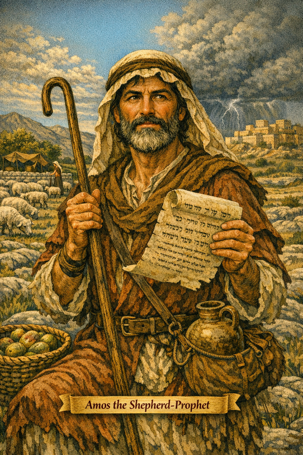 A bearded man dressed in traditional robes, holding a scroll and a shepherd's staff, stands in a pastoral landscape surrounded by sheep, with mountains and a village in the background. The scene conveys a biblical theme, featuring the text 'Amos the Shepherd-Prophet' at the bottom.