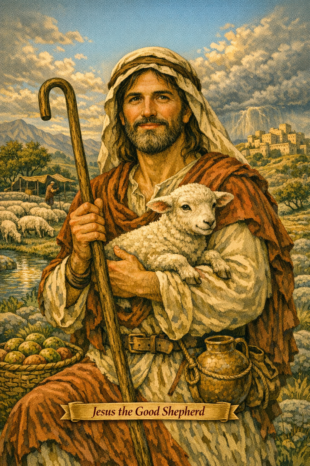 A portrayal of Jesus the Good Shepherd holding a lamb, wearing traditional robes, with a shepherd's staff in one hand and a clay pot in the other, set against a pastoral landscape with sheep and mountains in the background.