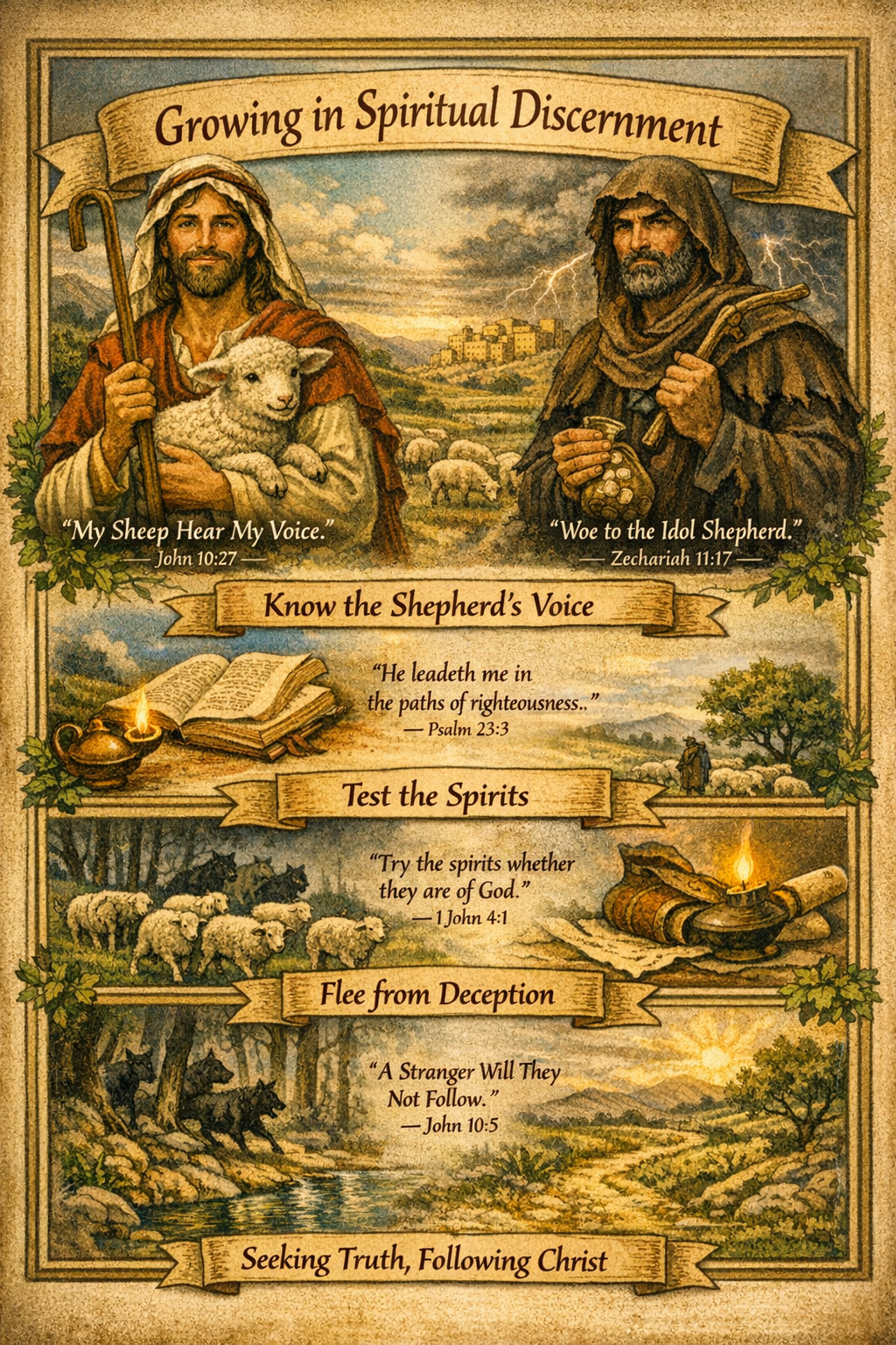 Illustration depicting spiritual discernment with two figures: one holding a lamb and the other in a dark cloak. The background features a pastoral scene with sheep, mountains, and a village. Quotes from biblical verses are displayed prominently.