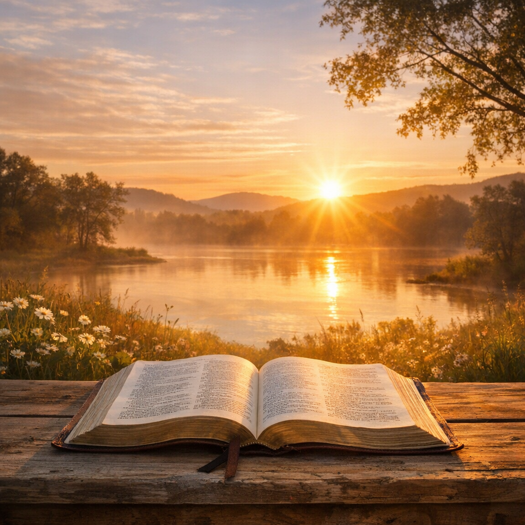 An open book resting on a wooden table by a tranquil lake at sunrise, with vibrant sunlight illuminating the scene and flowers in the foreground.