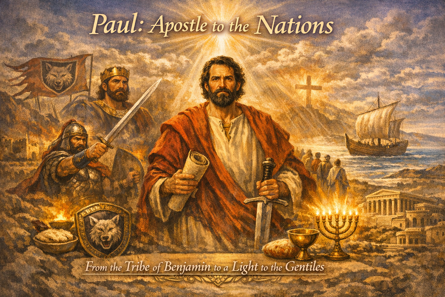 An artistic depiction of Paul, the Apostle, standing with a sword and scroll against a backdrop of historical and biblical imagery, including a cross, a ship, and ancient structures. The title reads 'Paul: Apostle to the Nations' with a subtitle referencing his lineage and mission.
