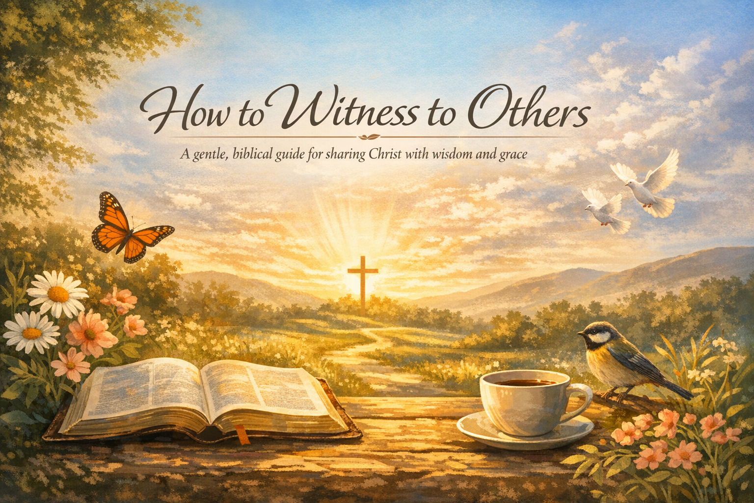 A serene landscape featuring an open Bible, a steaming cup of coffee, a butterfly, and two doves against a sunrise backdrop with a cross in the distance. The text reads 'How to Witness to Others' and suggests a gentle approach to sharing faith.