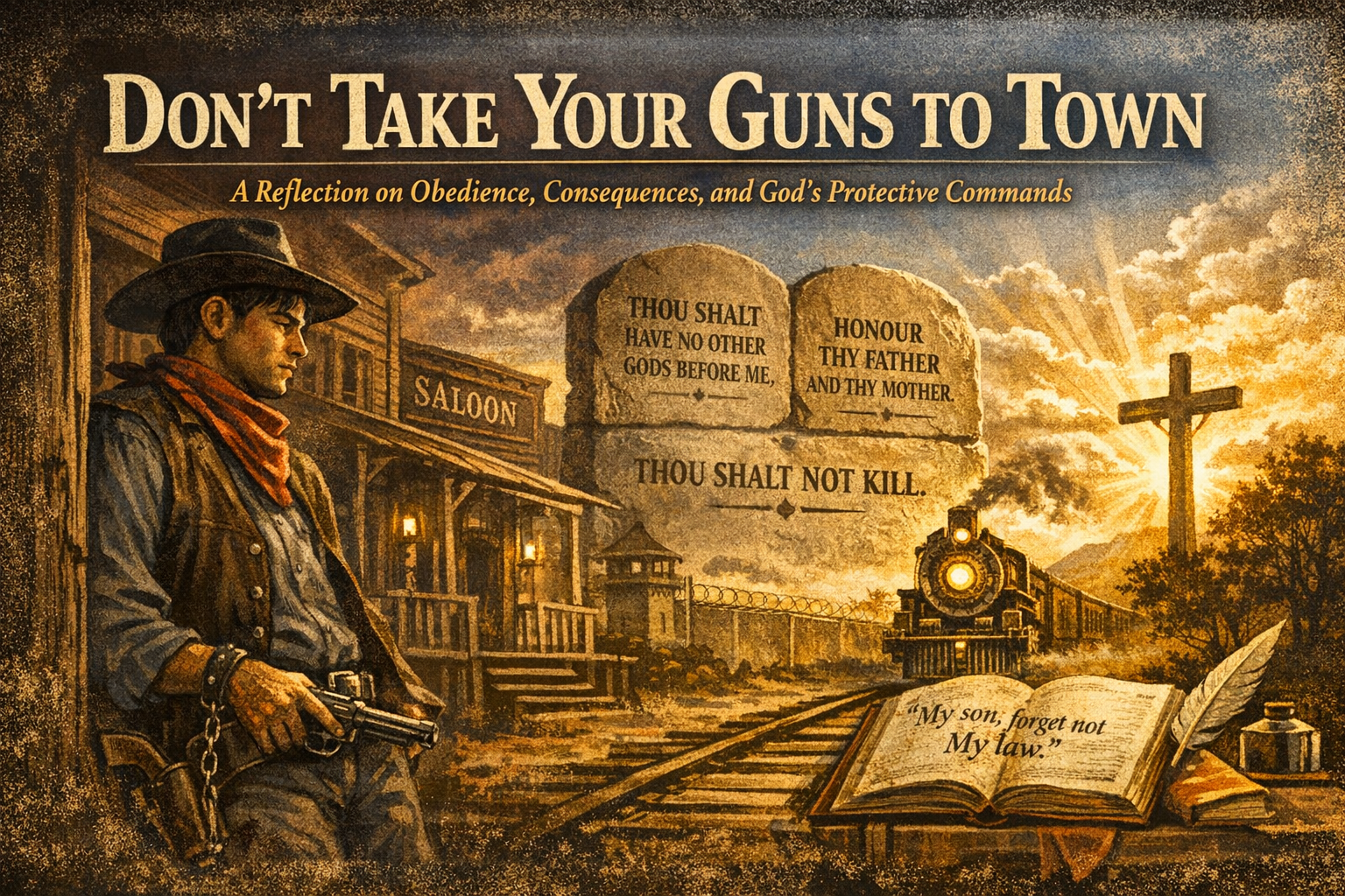 A cowboy stands outside a saloon, holding a gun, with a train approaching in the background. The image includes text about moral commandments, emphasizing themes of obedience and consequences.