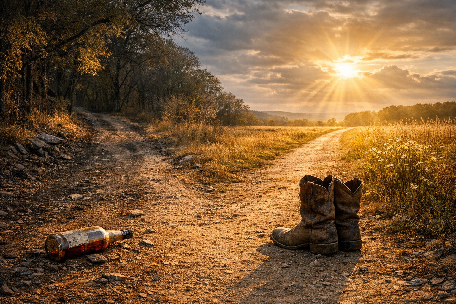 A pair of worn cowboy boots and a broken bottle on a dirt path during sunset, surrounded by trees and golden grass.