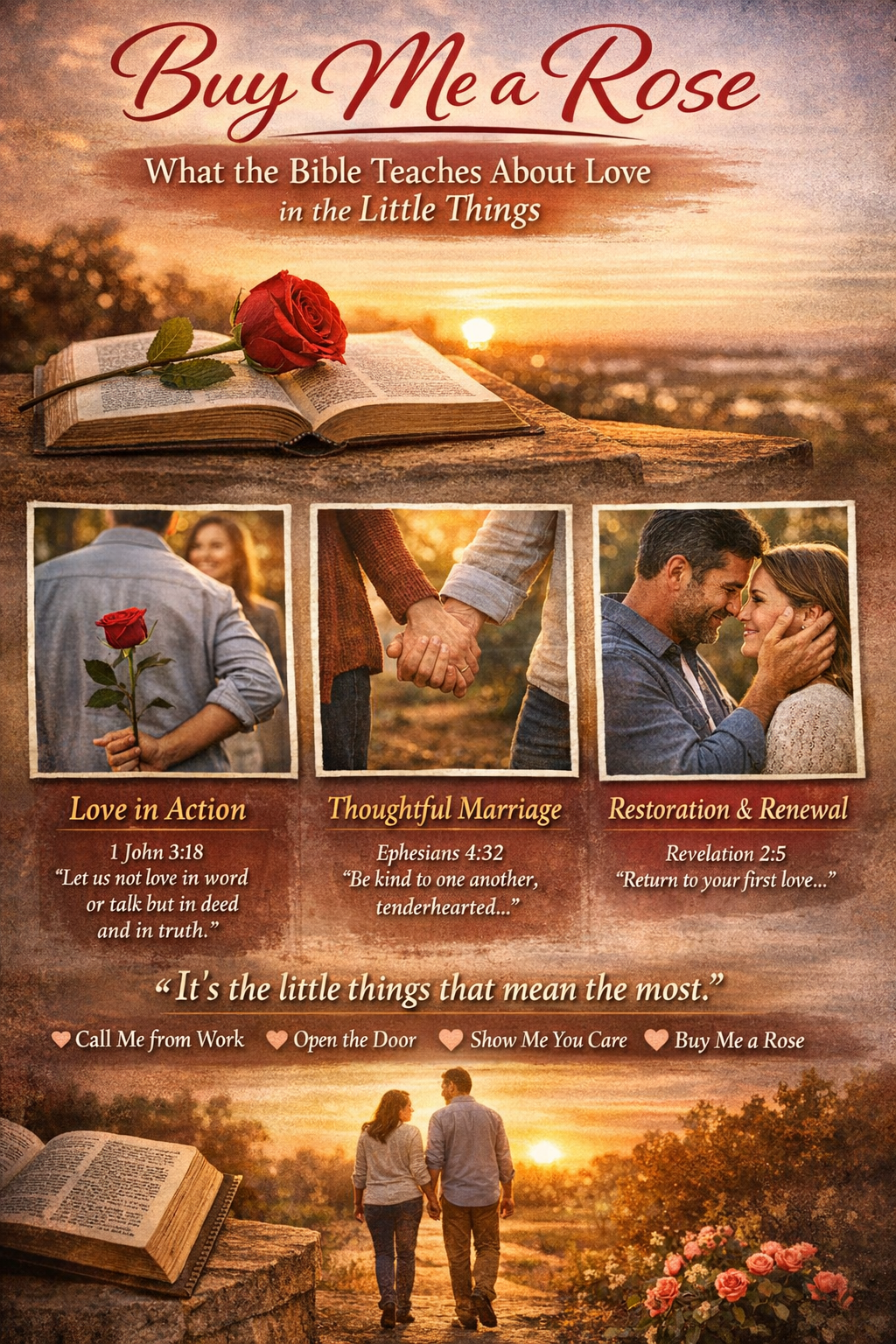 A sunset background with an open Bible and a red rose on a stone surface, featuring sections titled 'Love in Action', 'Thoughtful Marriage', and 'Restoration & Renewal' with corresponding Bible verses and illustrations of couples.
