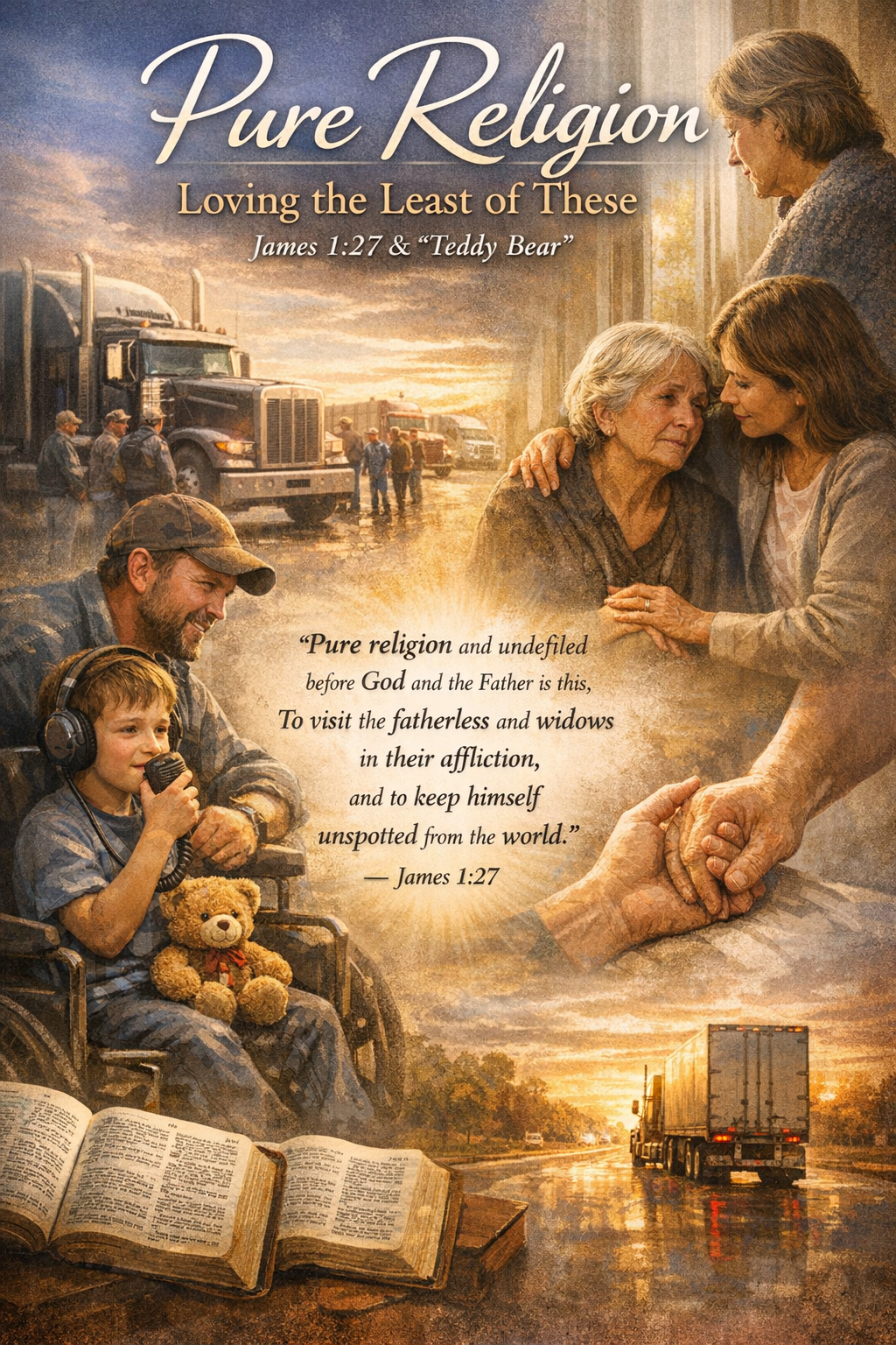 Illustration depicting compassion and community, featuring a truck driver, a child with a teddy bear, and two women sharing a moment of support, with a background of a highway and a truck.