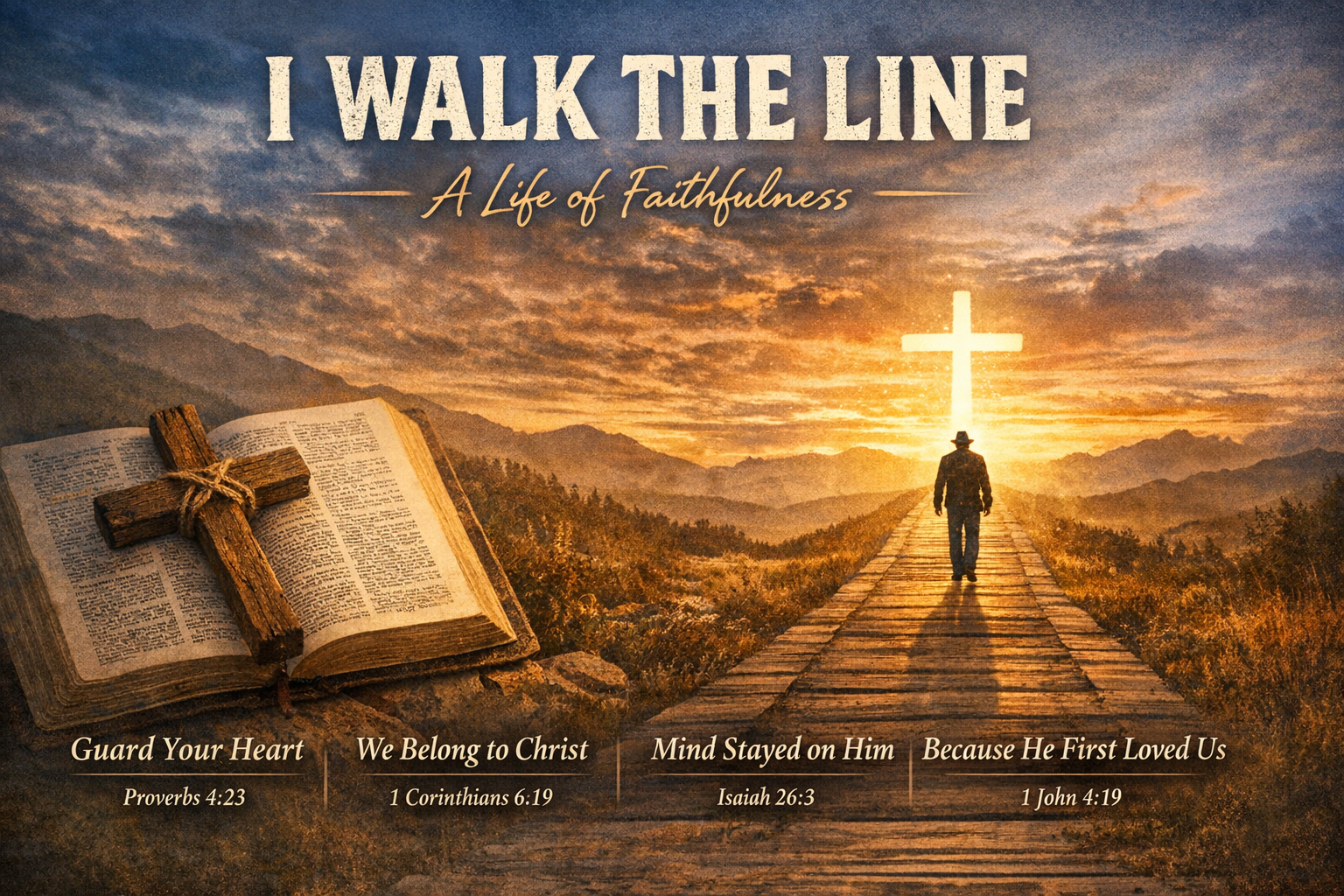 An artistic depiction of a person walking along a path toward a glowing cross at sunset, accompanied by a Bible and a wooden cross, featuring inspirational scripture references.