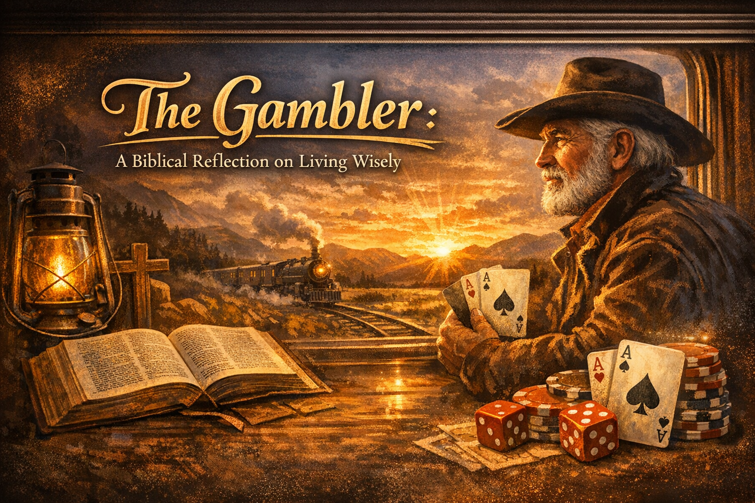 An illustrated scene featuring a thoughtful man in a cowboy hat, holding playing cards with aces, sitting beside a table with poker chips and dice. A glowing lantern, an open book, and a train in the background, set against a scenic sunset.