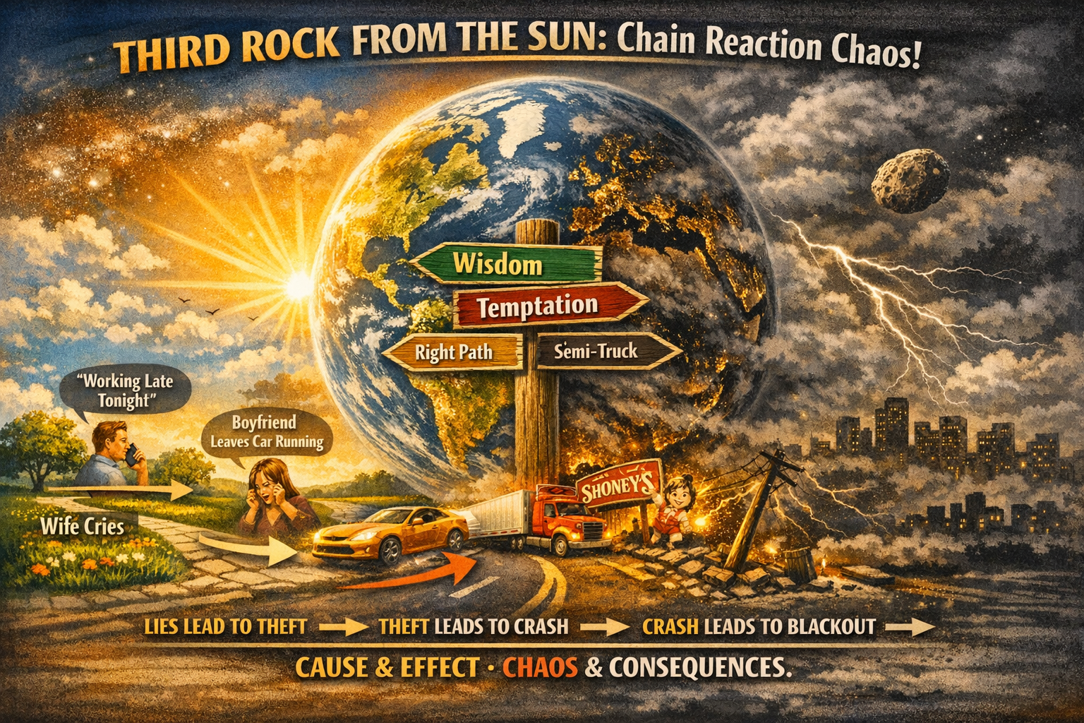 Illustration depicting a chaotic chain reaction titled 'Third Rock From the Sun: Chain Reaction Chaos!', showing a series of cause and effect events involving temptation, theft, and consequences, with various characters and a dramatic cosmic background.