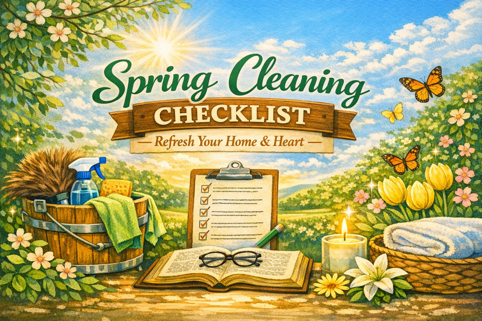 Illustration of a spring cleaning checklist with a beautiful natural background, featuring a bucket of cleaning supplies, a checklist, reading glasses, a candle, and blooming flowers.