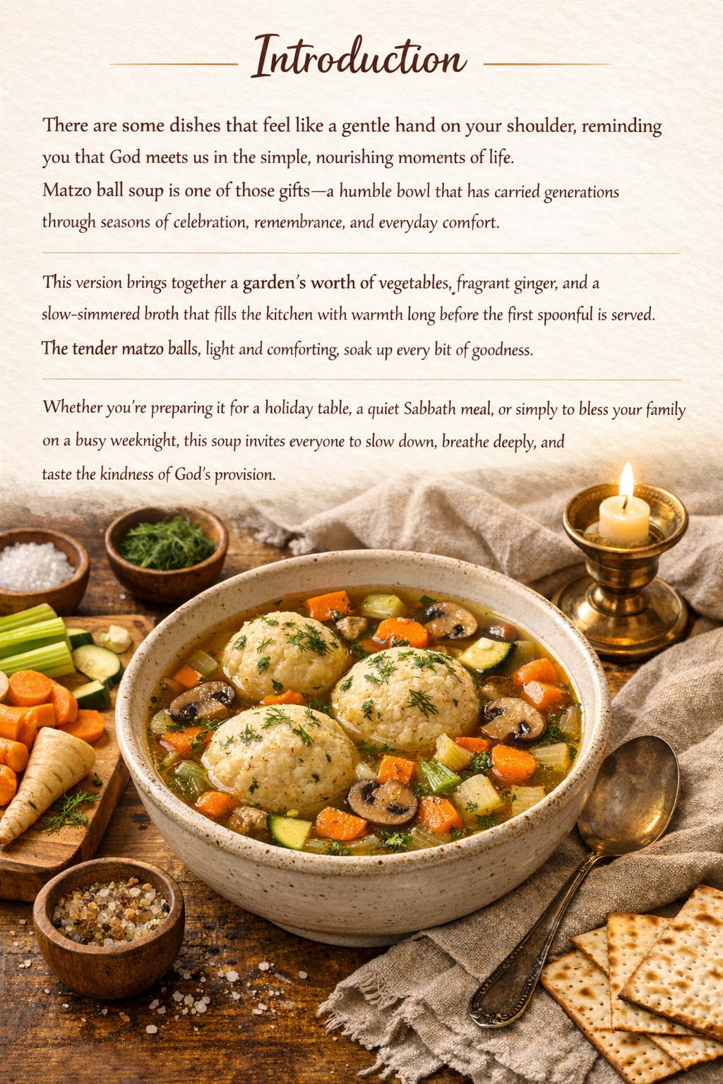 A bowl of matzo ball soup featuring three large matzo balls surrounded by a colorful mix of vegetables such as carrots, celery, and zucchini in a warm broth, with a rustic wooden background and a few ingredients and crackers placed nearby.