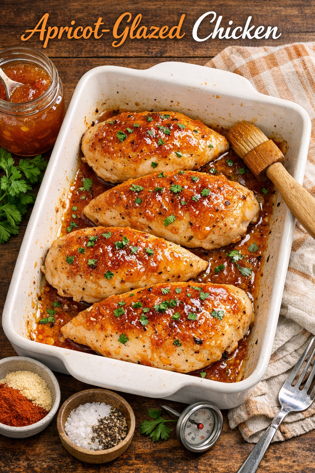 A dish of apricot-glazed chicken breasts garnished with parsley, served in a white baking dish, accompanied by a jar of apricot jam and spices on the side.