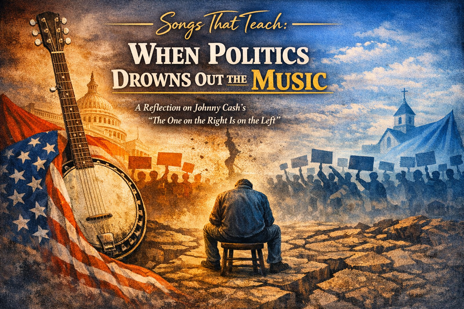 A graphic illustration featuring a banjo and an American flag, against the backdrop of a broken landscape. In the distance, a crowd holds protest signs while a person sits on a stool, facing away, symbolizing the theme 'When Politics Drowns Out the Music'.