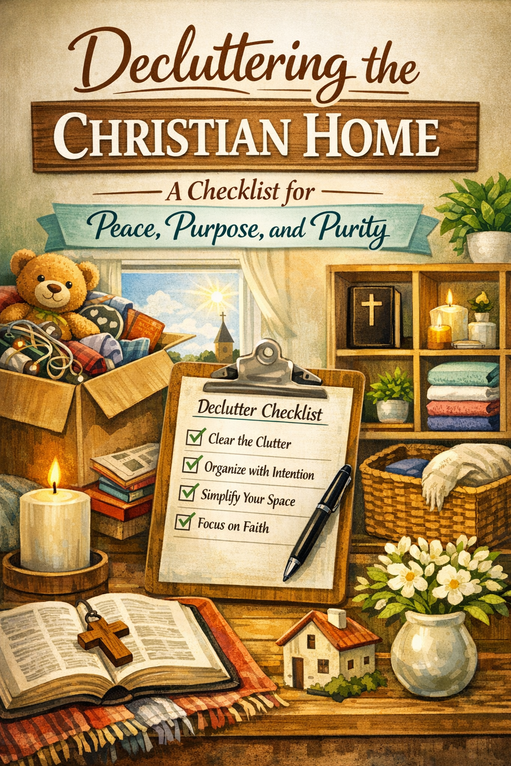 A checklist titled 'Decluttering the Christian Home' with items for peace, purpose, and purity, featuring a cozy home scene with a teddy bear, candles, an open Bible, a wooden cross, and a floral arrangement.