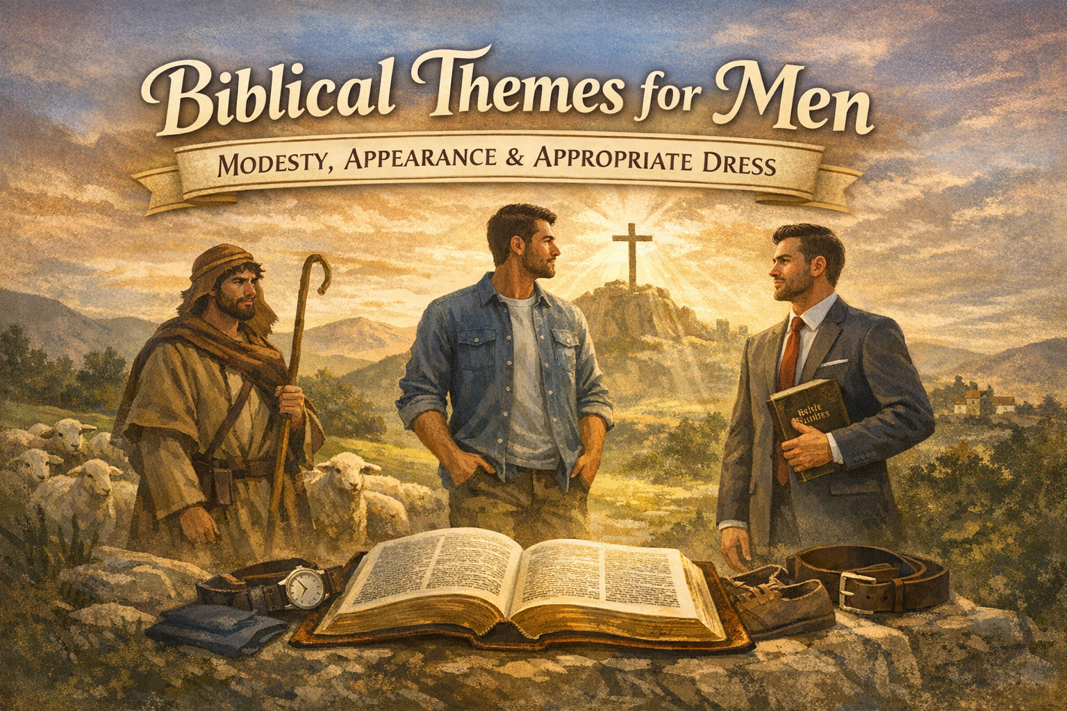 An illustration depicting 'Biblical Themes for Men' focusing on modesty, appearance, and appropriate dress, featuring three male figures: a shepherd, an everyday man in casual clothing, and a man in formal attire, with a cross and mountains in the background.