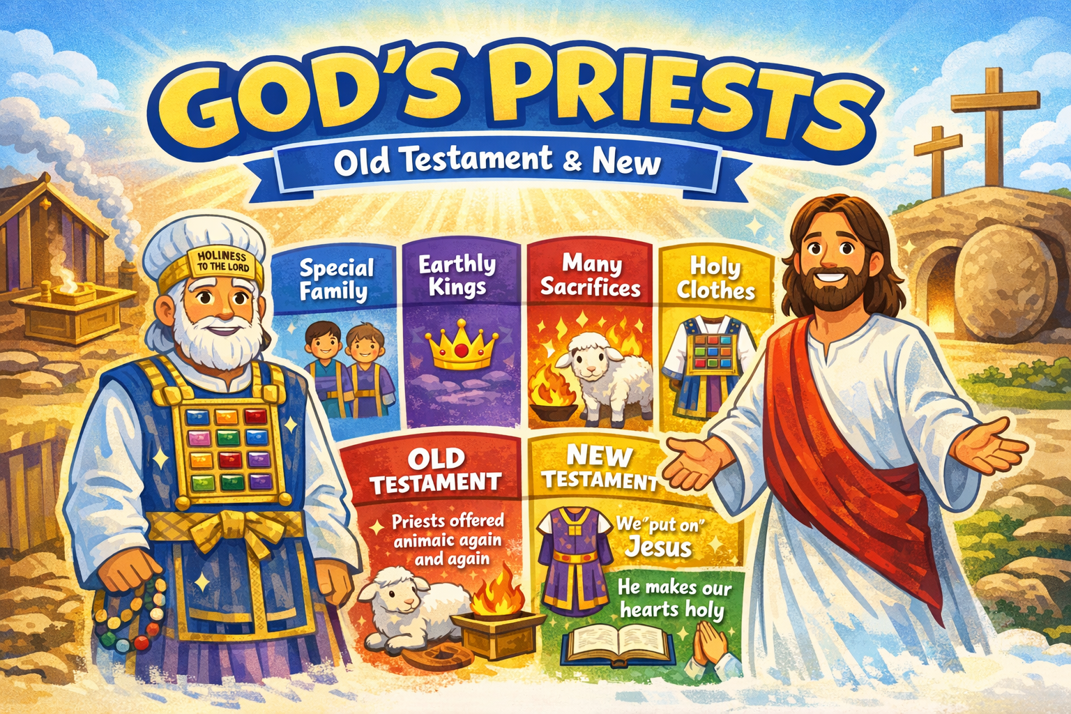 Illustration titled 'God's Priests: Old Testament & New', featuring a high priest with a golden breastplate and white robe, standing beside Jesus. Background includes biblical symbols like altars, crosses, and sheep, along with boxes highlighting themes like 'Special Family,' 'Earthly Kings,' and 'Many Sacrifices.'