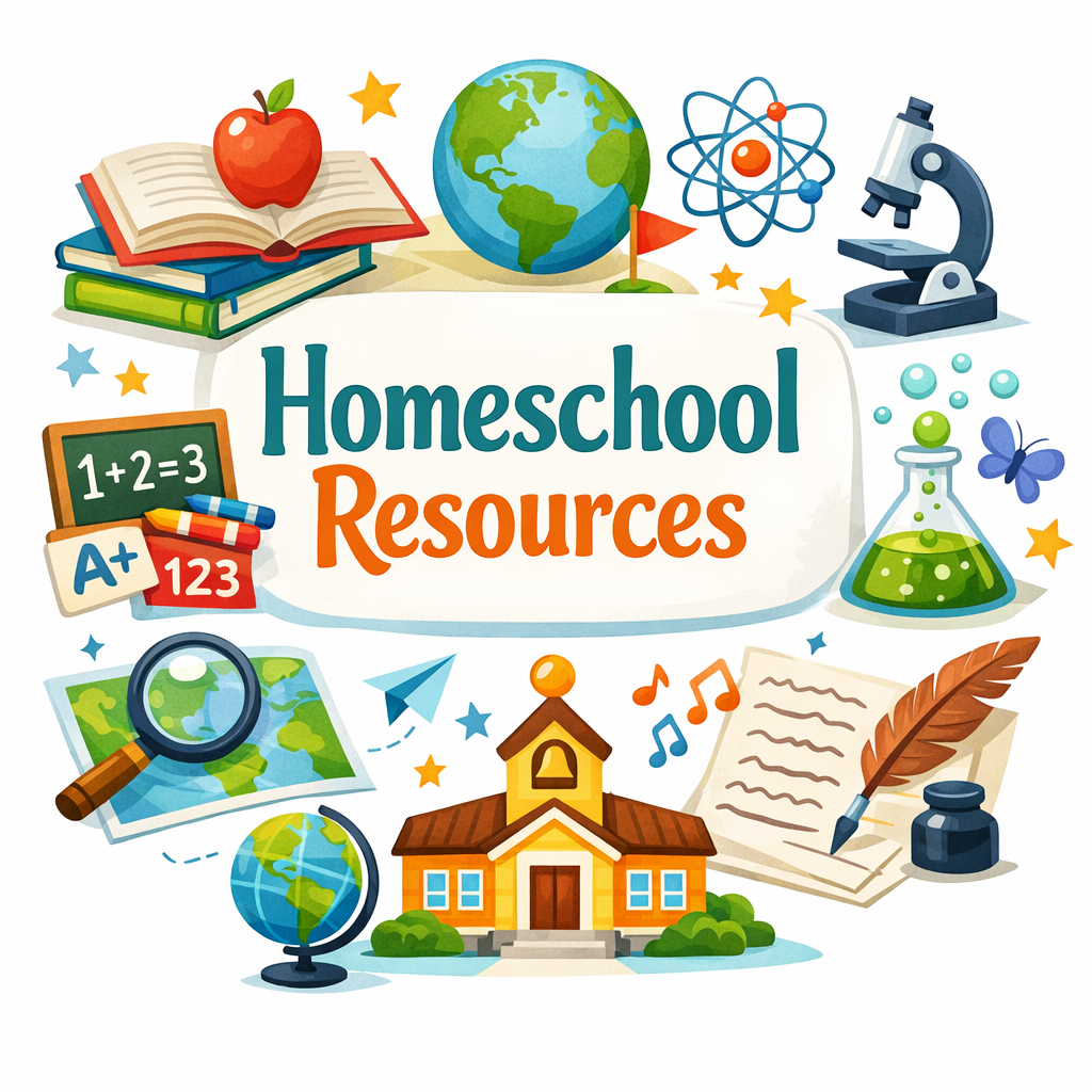 Colorful illustration of homeschooling resources featuring books, a globe, a microscope, a schoolhouse, and various educational symbols, with the text 'Homeschool Resources' prominently displayed.