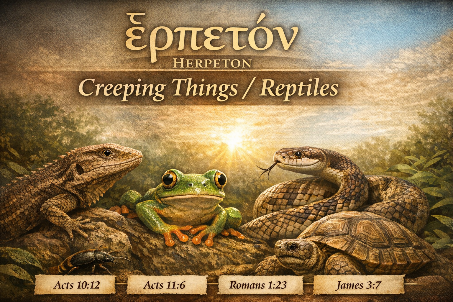 An illustrated depiction of various reptiles and amphibians, including a lizard, frog, snake, and turtle, with the title 'Herpeton' and the subtitle 'Creeping Things/Reptiles' at the top. Scriptural references from Acts, Romans, and James are displayed at the bottom.