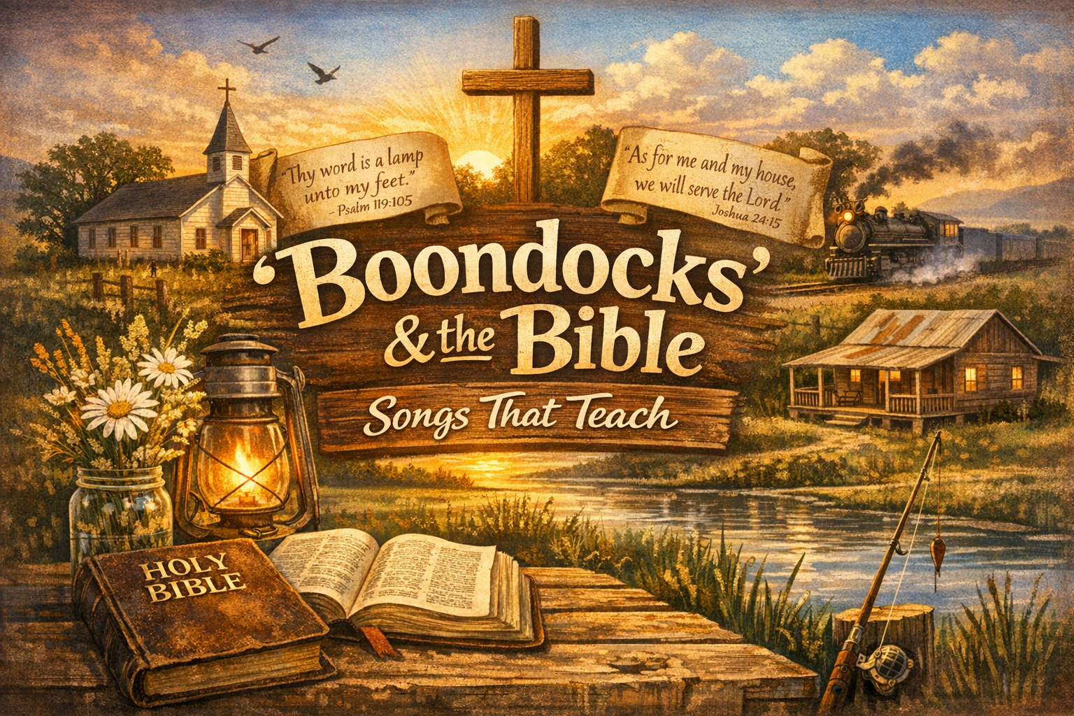 An illustrated scene featuring a rustic church, a lantern, a Bible, and a tranquil landscape with a river and a cabin, along with inspirational biblical quotes.