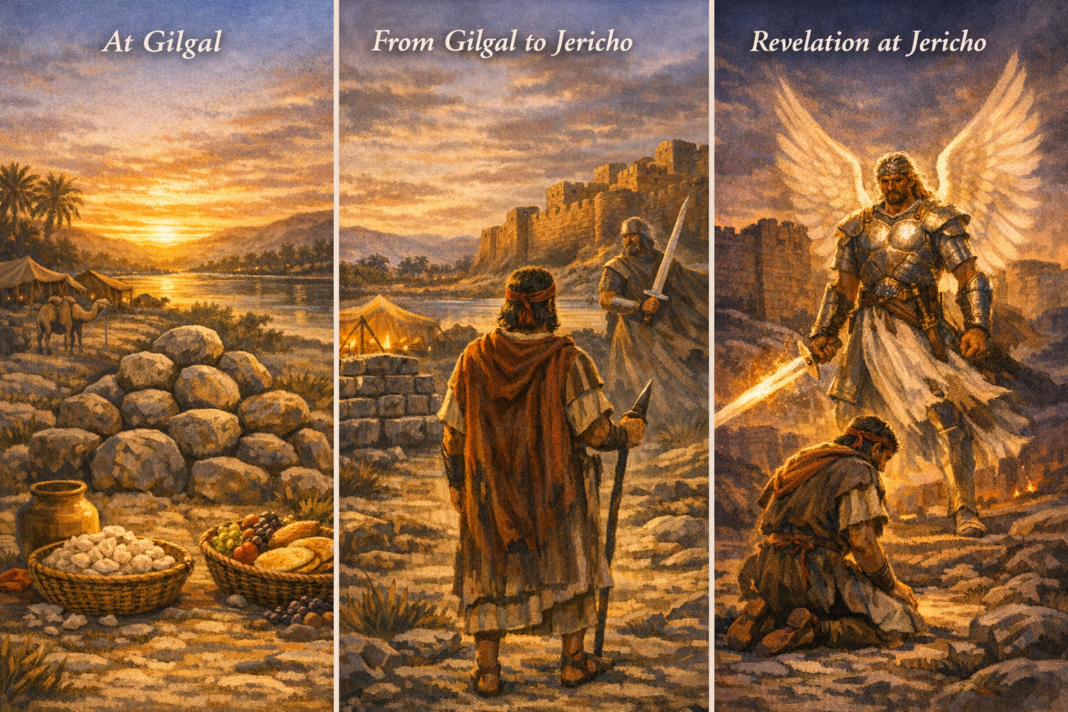 A serene landscape depicting Gilgal at sunset with tents, camels, and baskets of food.