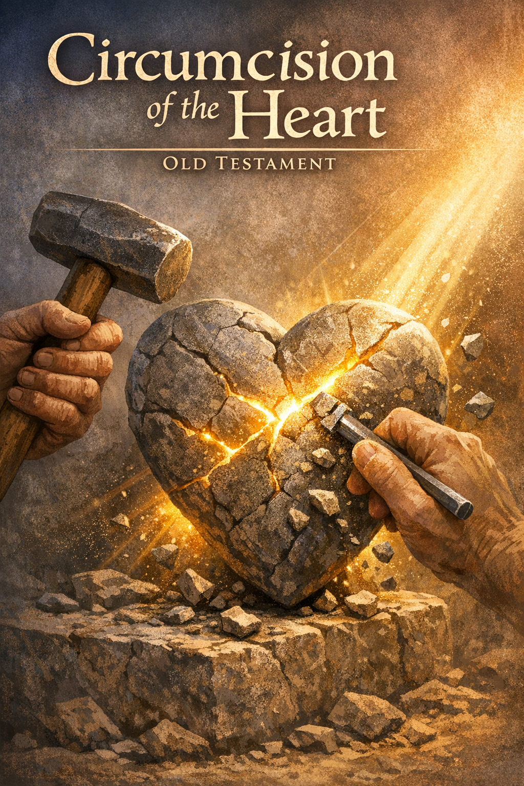 An artistic representation of a heart-shaped stone being carved, with tools like a hammer and chisel, conveying the theme of 'Circumcision of the Heart' from the Old Testament. Bright light emanates from the cracks in the stone.