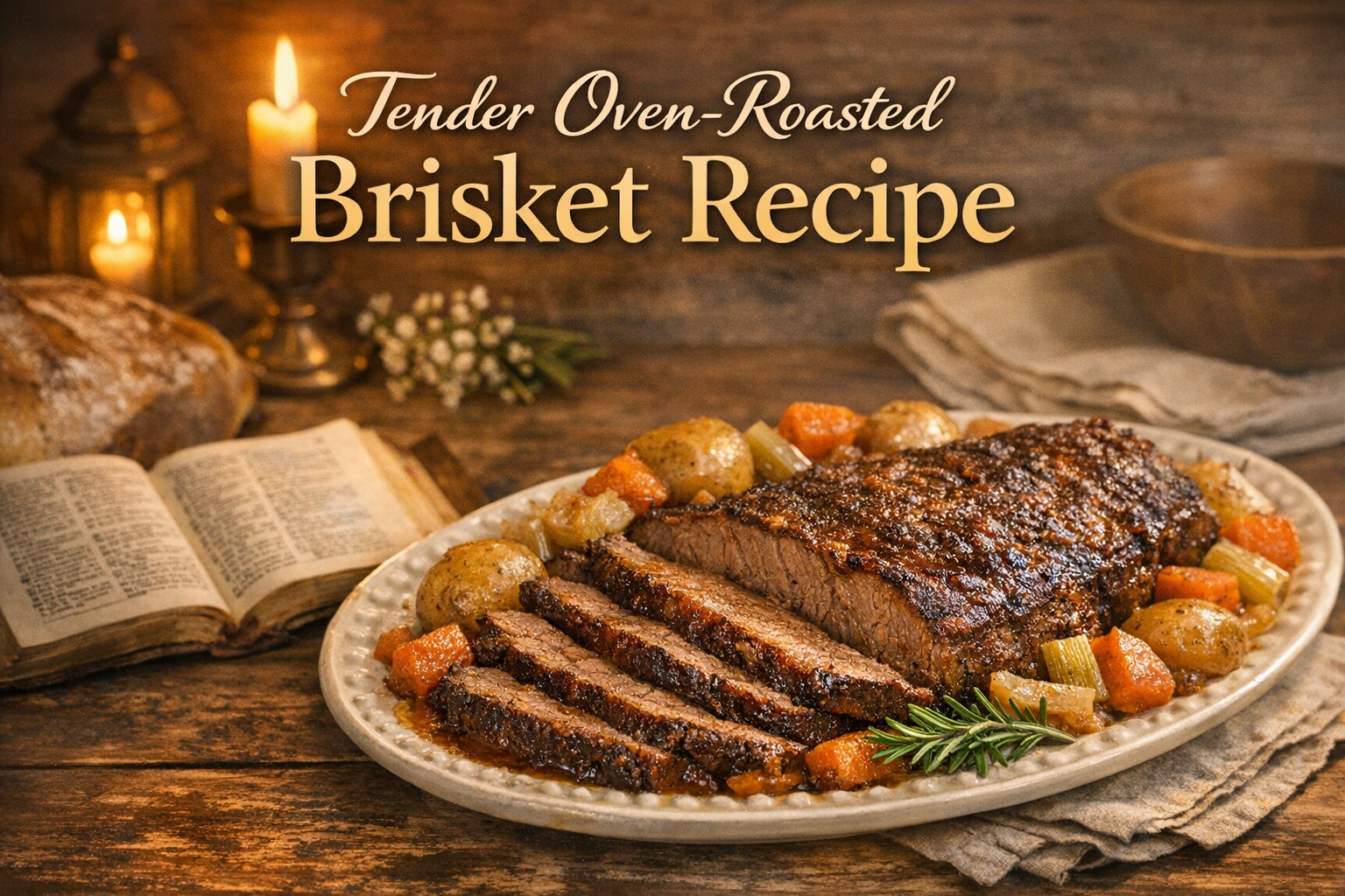 A plate of tender oven-roasted brisket served with carrots, potatoes, and herbs, alongside a partially opened cookbook and a candle in a rustic setting.