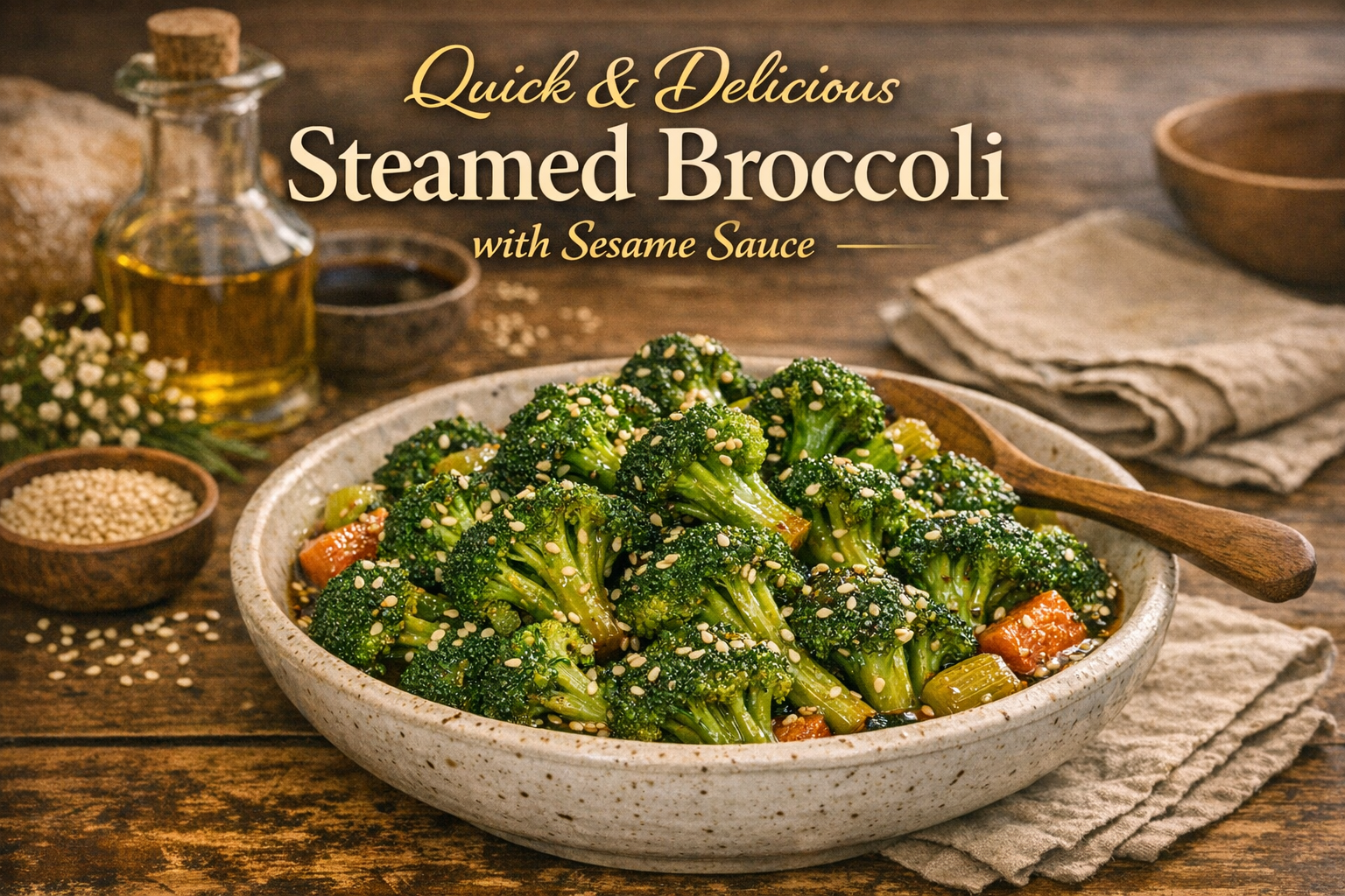 A bowl of steamed broccoli garnished with sesame seeds, accompanied by wooden utensils and a bottle of oil in the background.
