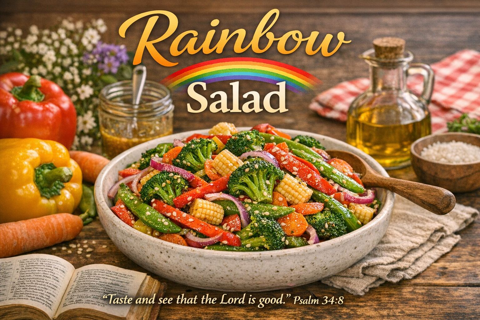 A colorful bowl of rainbow salad featuring fresh vegetables like broccoli, bell peppers, and corn, garnished with sesame seeds. Olive oil and a jar of dressing are in the background, alongside a partially open book displaying text.