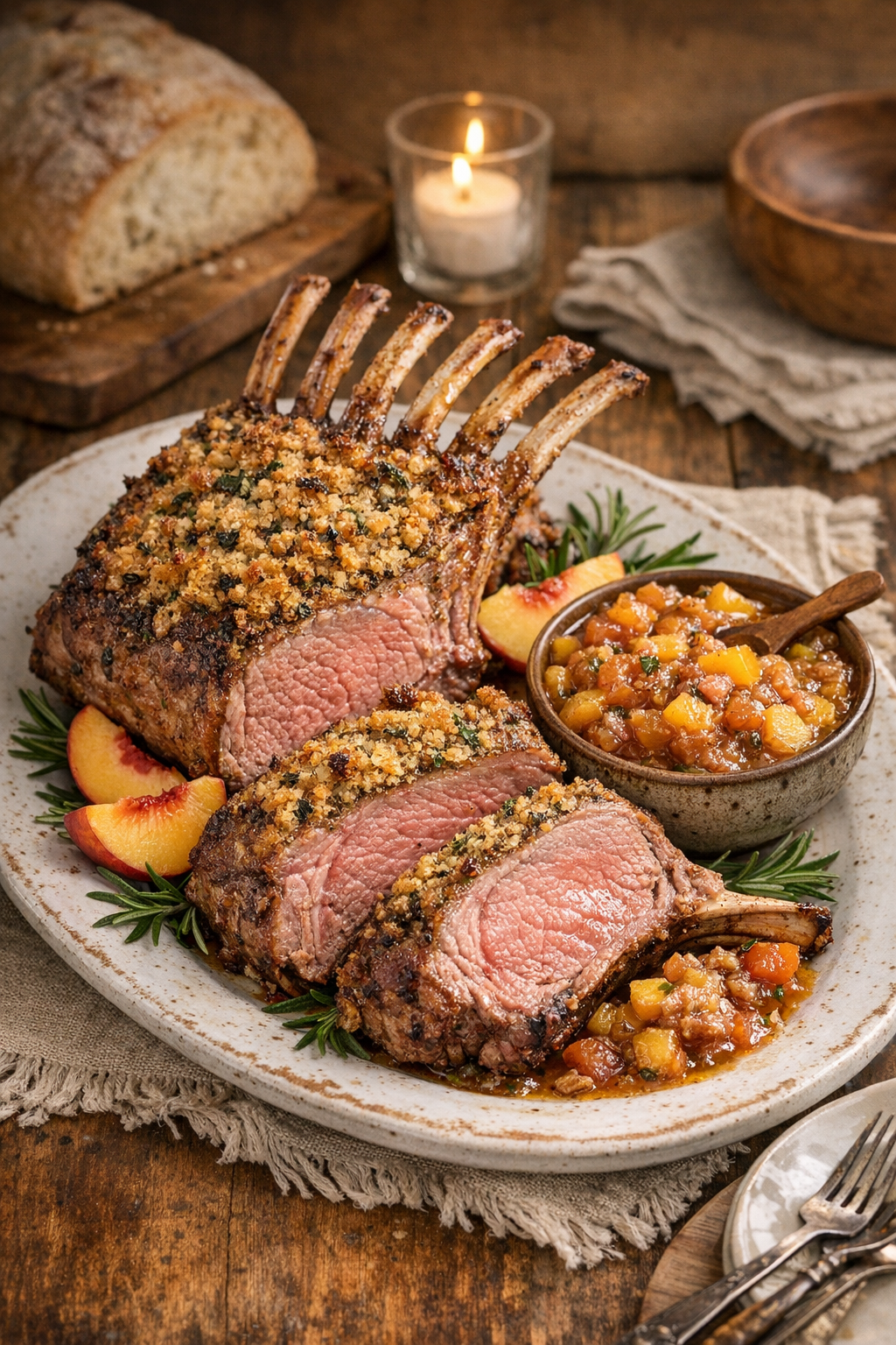 A beautifully cooked rack of lamb with a crispy herb crust, sliced to reveal tender pink meat, served with peach slices and a fruit chutney on a rustic plate, accompanied by a loaf of bread and a candle in the background.