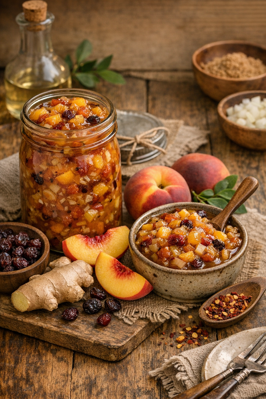 A jar of peach chutney filled with diced peaches, cranberries, and spices, placed on a rustic wooden table. Surrounding the jar are fresh peaches, a piece of ginger root, dried cranberries, and a small bowl of brown sugar and minced onions.