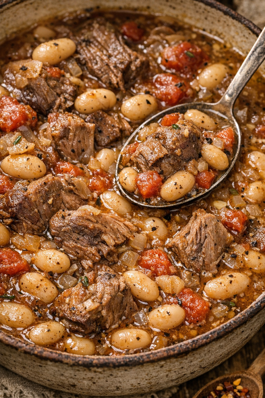 A close-up view of a hearty stew made with tender chunks of beef, white beans, and diced tomatoes, garnished with herbs, served in a rustic bowl with a spoon.