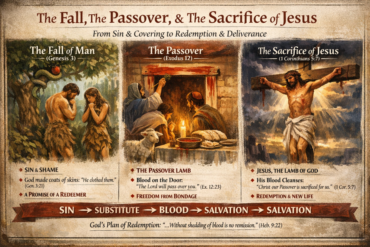 Illustration depicting 'The Fall of Man,' 'The Passover,' and 'The Sacrifice of Jesus,' highlighting themes of sin, redemption, and deliverance from biblical references.
