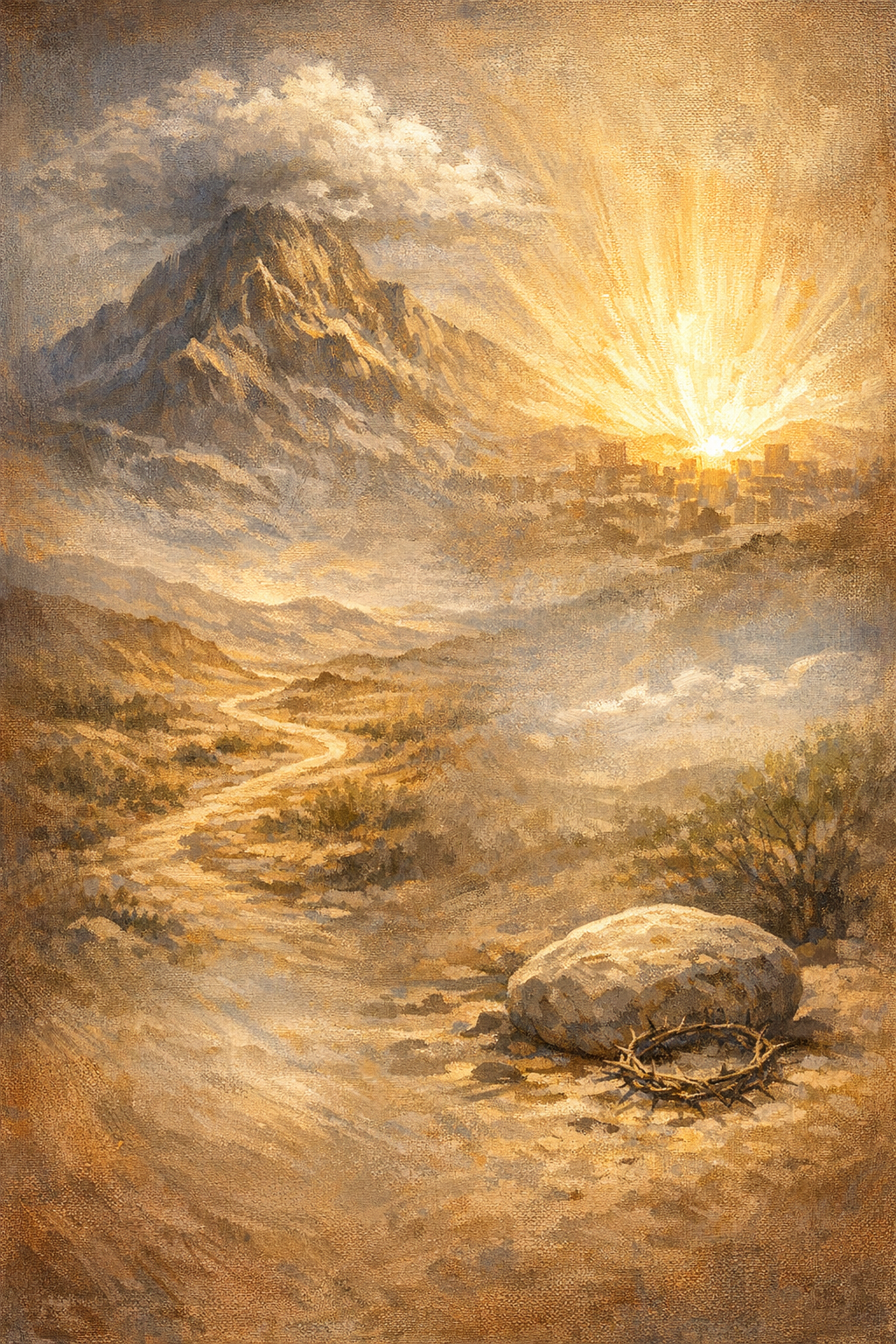 A serene landscape featuring a mountain in the background, bathed in golden sunlight, with a winding path leading to a rock and a crown of thorns in the foreground.