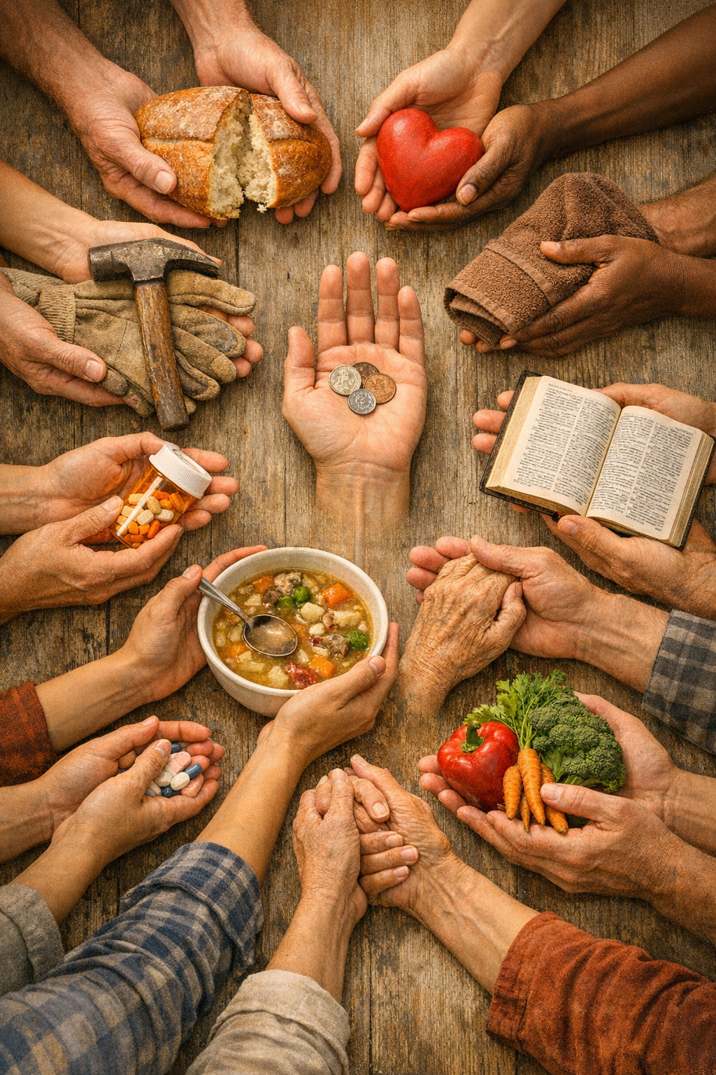 A diverse group of hands holding items like bread, a heart, coins, a spoon, medication, vegetables, and a book, arranged in a circle on a wooden table, symbolizing community support and sharing.