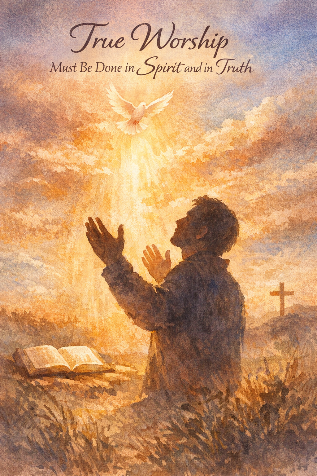 A person in prayer with raised hands, surrounded by glowing light and a dove symbolizing the Holy Spirit, with a cross and an open Bible in the background. The text above reads 'True Worship Must Be Done in Spirit and in Truth'.