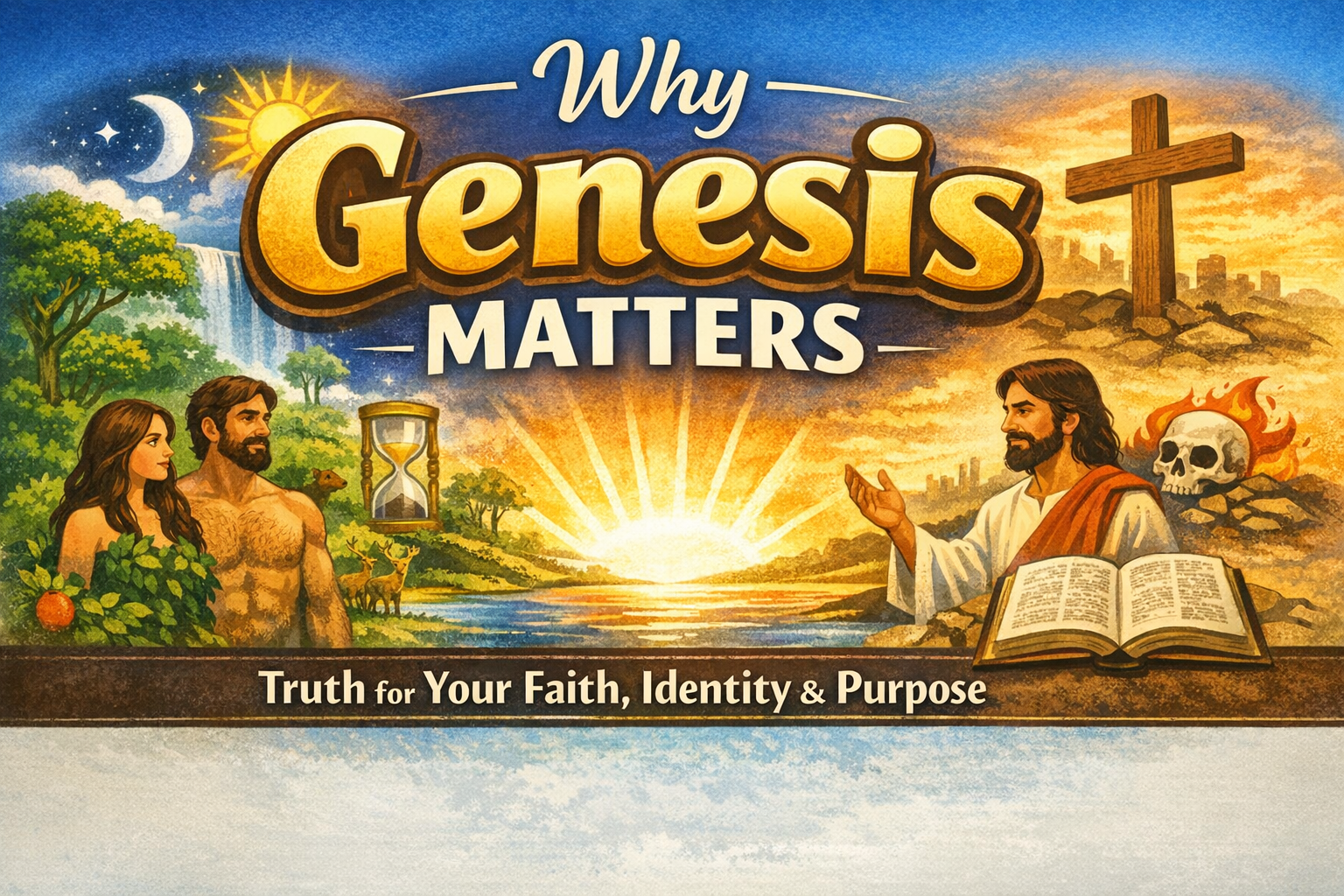 Illustration depicting the theme 'Why Genesis Matters' with a sunset background, featuring Adam and Eve with an apple, an hourglass, and diverse landscape elements, alongside a figure resembling Jesus holding an open book.