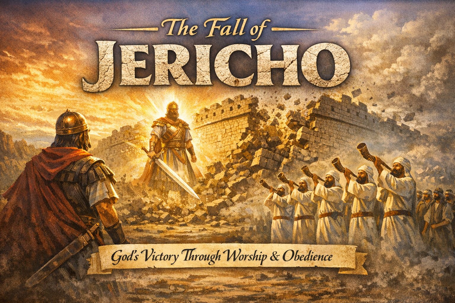 Illustration depicting the biblical story of the Fall of Jericho, featuring a warrior with a sword and a large city wall crumbling in the background. A group of figures in white robes blow trumpets, symbolizing worship and obedience.
